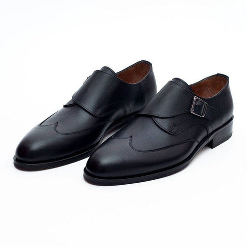 Ariston SHOES Ariston Mens Solid Black Single Monk Strap Leather Dress Shoes