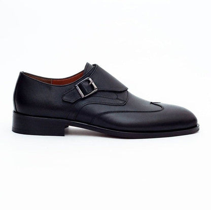 Ariston SHOES Ariston Mens Solid Black Single Monk Strap Leather Dress Shoes