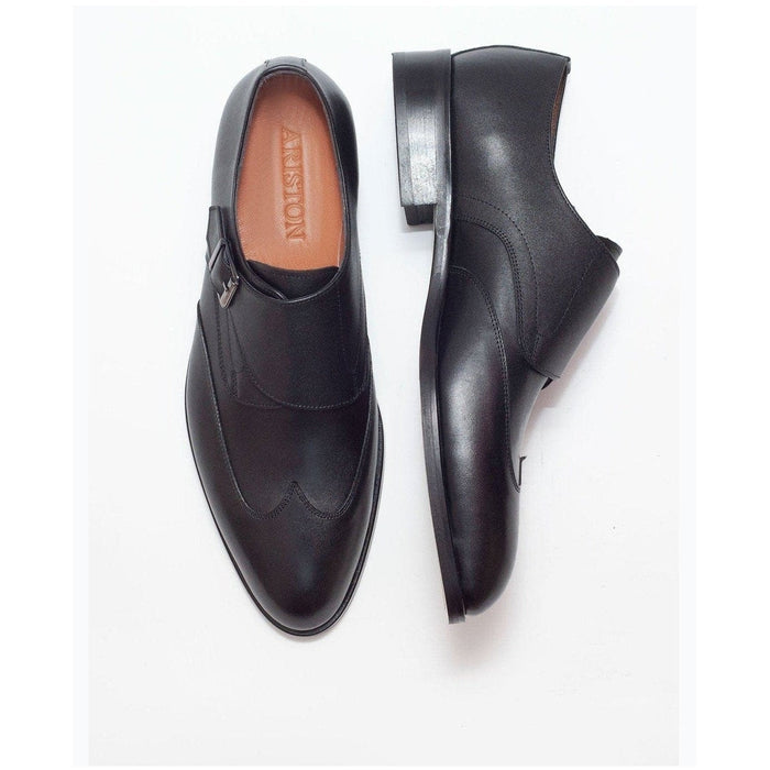 Ariston SHOES Ariston Mens Solid Black Single Monk Strap Leather Dress Shoes