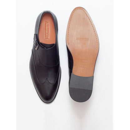 Ariston SHOES Ariston Mens Solid Black Single Monk Strap Leather Dress Shoes