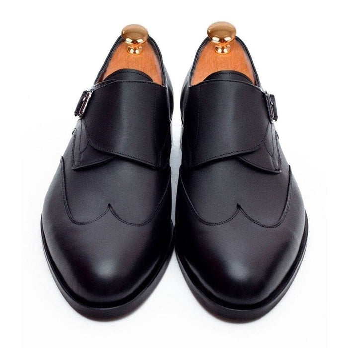 Ariston SHOES Ariston Mens Solid Black Single Monk Strap Leather Dress Shoes