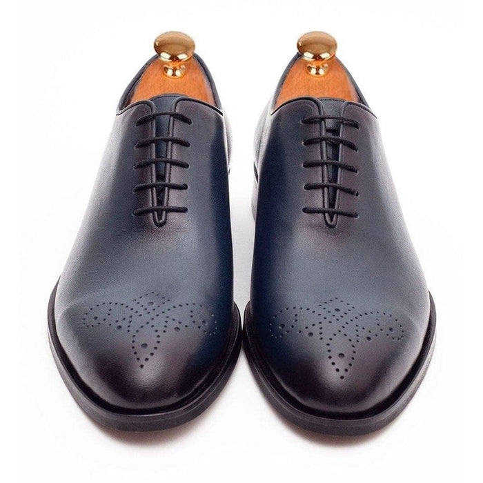 Ariston SHOES Ariston Mens Solid Navy Whole Cut Oxford Leather Dress Shoes