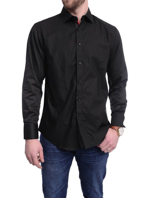 Bespoke Trim Fit Solid Black Spread Collar Cotton Casual Dress Shirt - The Suit Depot