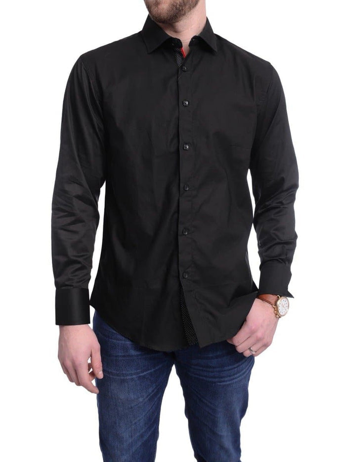 Bespoke Trim Fit Solid Black Spread Collar Cotton Casual Dress Shirt - The Suit Depot