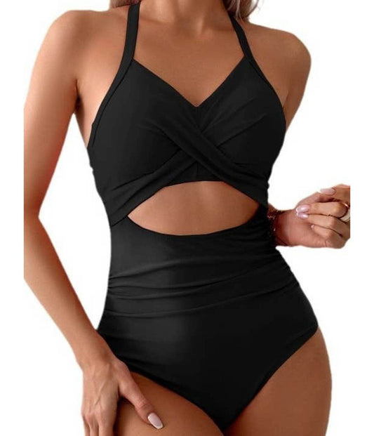Black Halter Cutout One Piece Swimsuit