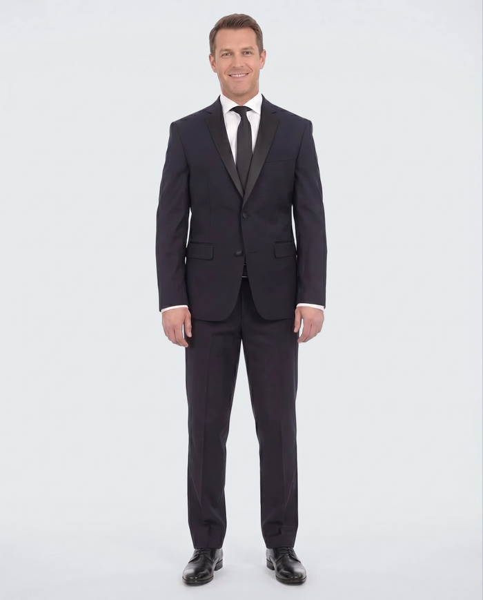 Braveman Slim Fit Solid Navy Blue Two Button Tuxedo Suit With Black Satin Lapel - The Suit Depot