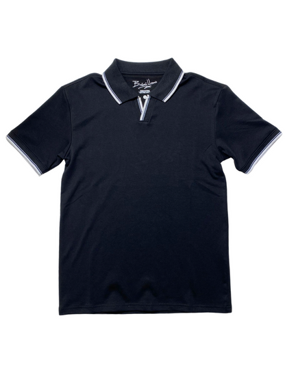 Briani Uomo Solid Black V-Collar 100% Pima Cotton Short Sleeve Polo Casual Shirt