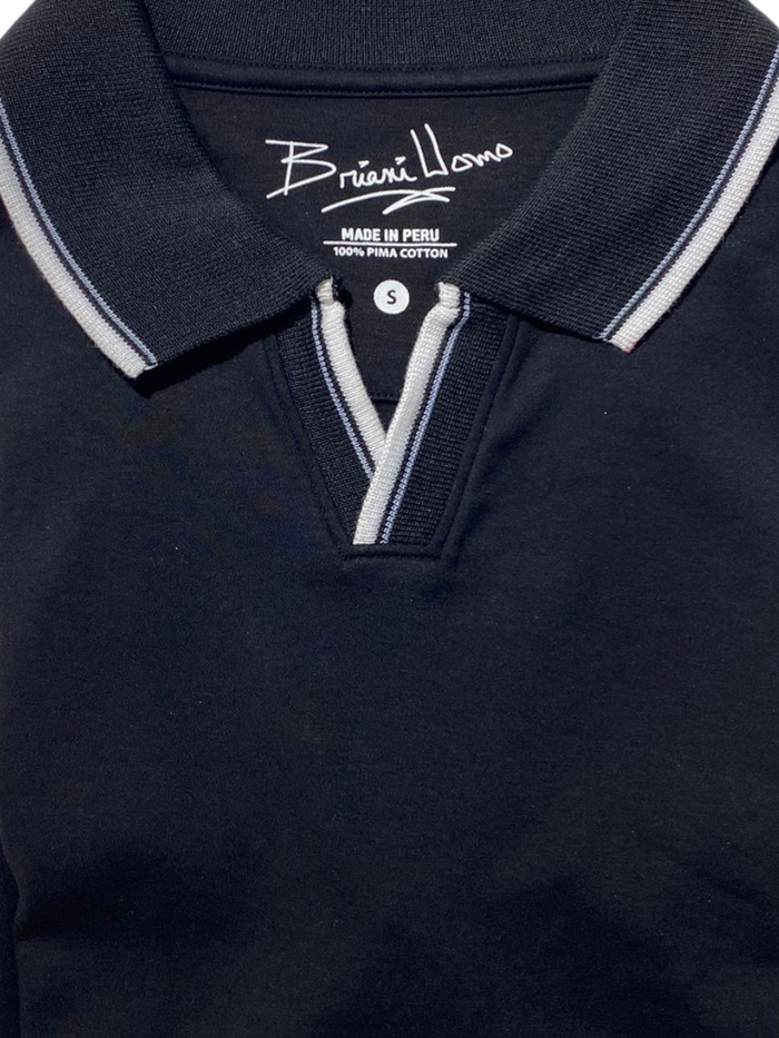 Briani Uomo Solid Black V-Collar 100% Pima Cotton Short Sleeve Polo Casual Shirt
