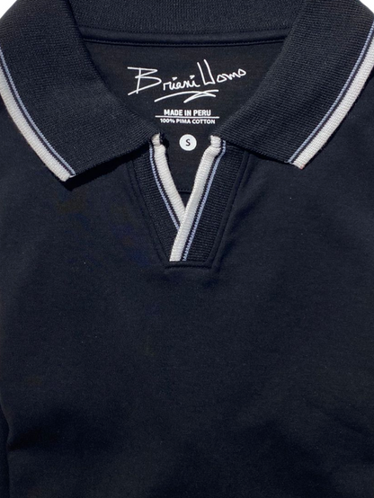 Briani Uomo Solid Black V-Collar 100% Pima Cotton Short Sleeve Polo Casual Shirt