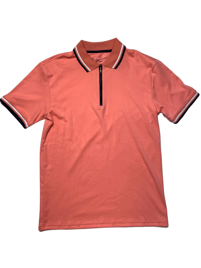 Briani Uomo Solid Coral 100% Pima Cotton Zip-Up Short Sleeve Polo Casual Shirt