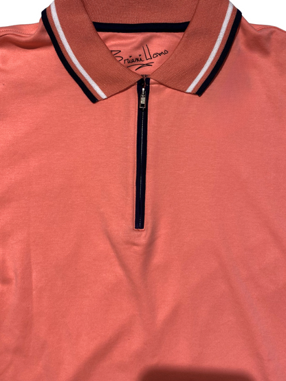 Briani Uomo Solid Coral 100% Pima Cotton Zip-Up Short Sleeve Polo Casual Shirt