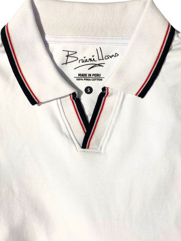 Briani Uomo Solid White V-Collar 100% Pima Cotton Short Sleeve Polo Casual Shirt