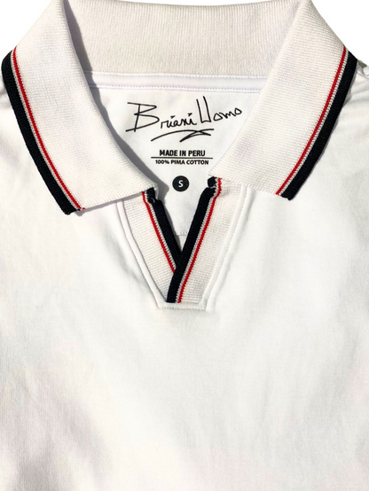 Briani Uomo Solid White V-Collar 100% Pima Cotton Short Sleeve Polo Casual Shirt