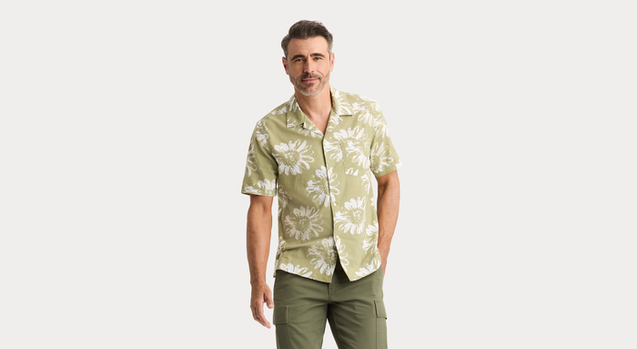 View of model wearing Solros Camp Collar Shirt, Regular Fit.