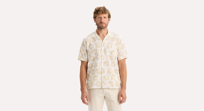 View of model wearing Sahara Khaki Camp Collar Shirt, Regular Fit.