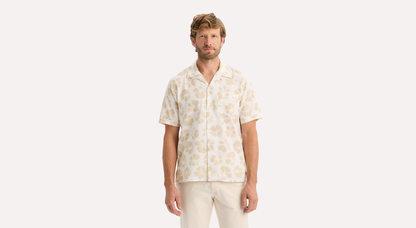 View of model wearing Sahara Khaki Camp Collar Shirt, Regular Fit.