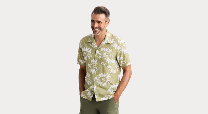 View of model wearing Solros Camp Collar Shirt, Regular Fit.
