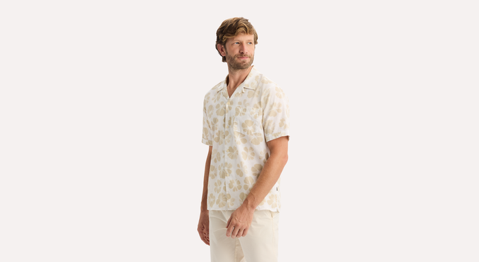 View of model wearing Sahara Khaki Camp Collar Shirt, Regular Fit.