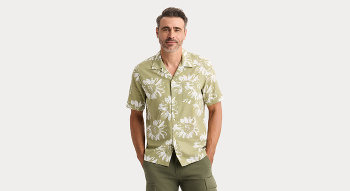 View of model wearing Solros Camp Collar Shirt, Regular Fit.