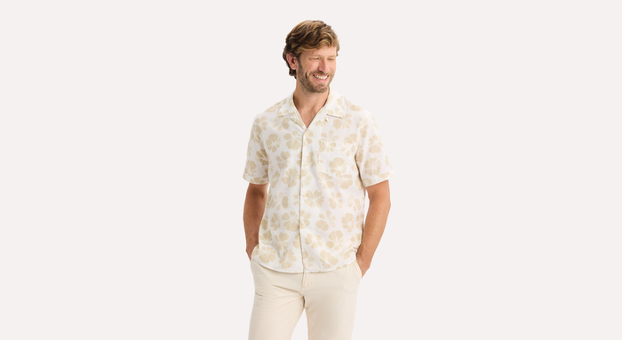 View of model wearing Sahara Khaki Camp Collar Shirt, Regular Fit.