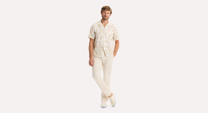 View of model wearing Sahara Khaki Camp Collar Shirt, Regular Fit.