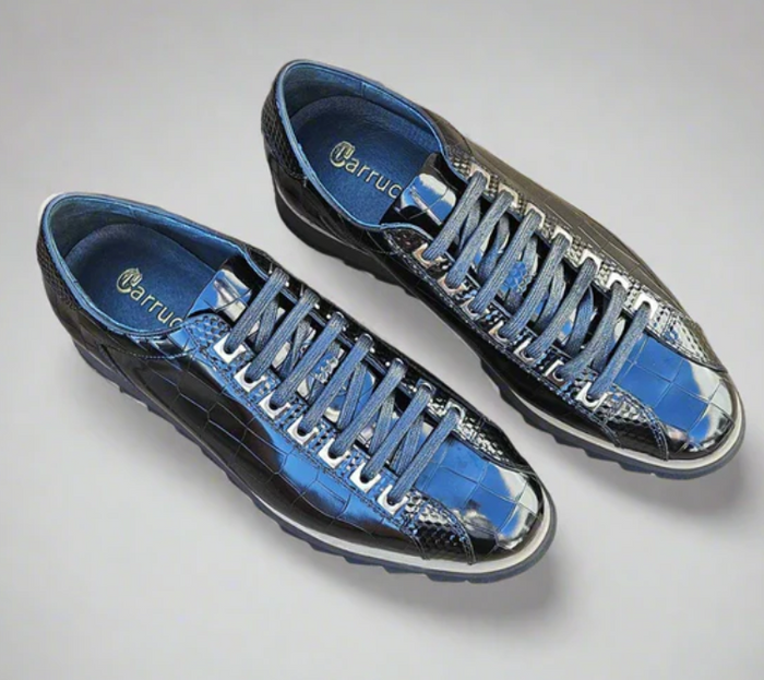 Carrucci Mens Black Crocodile-Embossed Leather Sneakers - The Suit Depot