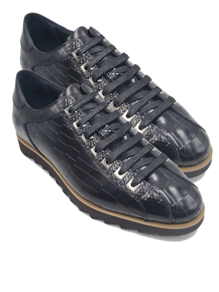 Carrucci Mens Black Crocodile-Embossed Leather Sneakers - The Suit Depot