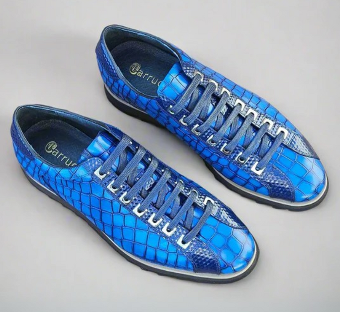 Carrucci Mens Blue Crocodile-Embossed Leather Sneakers