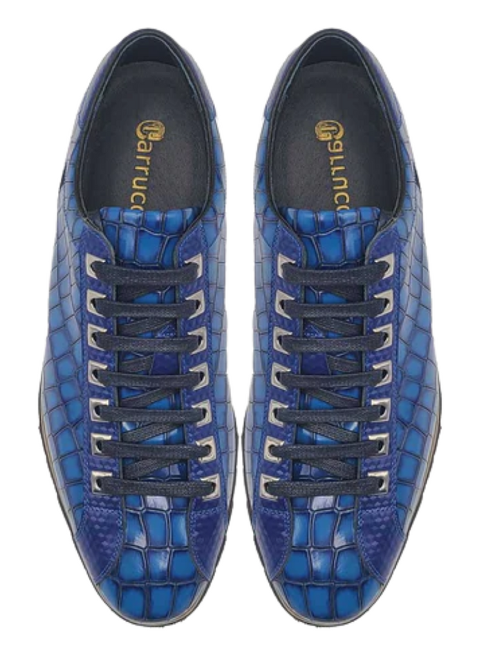 Carrucci Mens Blue Crocodile-Embossed Leather Sneakers