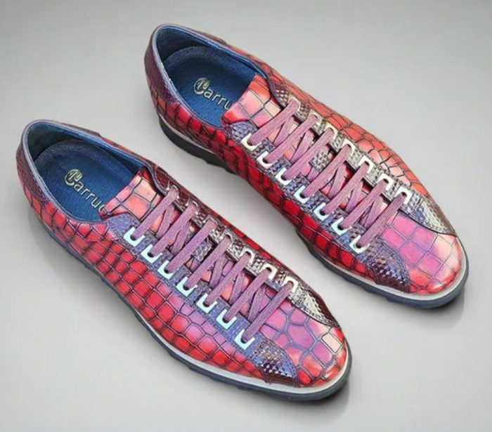 Carrucci Mens Burgundy Crocodile-Embossed Leather Sneakers