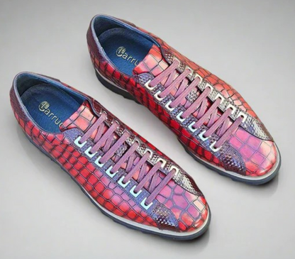 Carrucci Mens Burgundy Crocodile-Embossed Leather Sneakers
