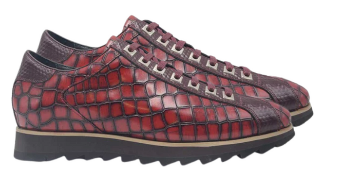 Carrucci Mens Burgundy Crocodile-Embossed Leather Sneakers