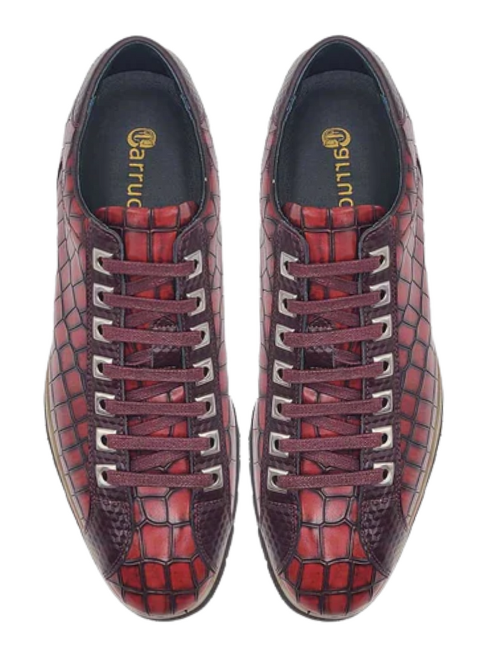 Carrucci Mens Burgundy Crocodile-Embossed Leather Sneakers