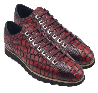 Carrucci Mens Burgundy Crocodile-Embossed Leather Sneakers