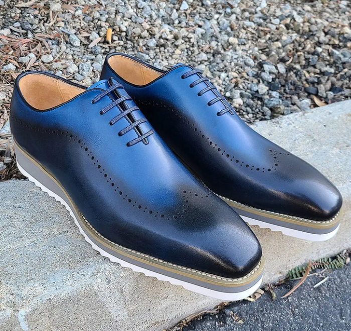 Carrucci Mens Dark Navy/Blue Two Tone Lace-up Oxford Leather Dress Shoes
