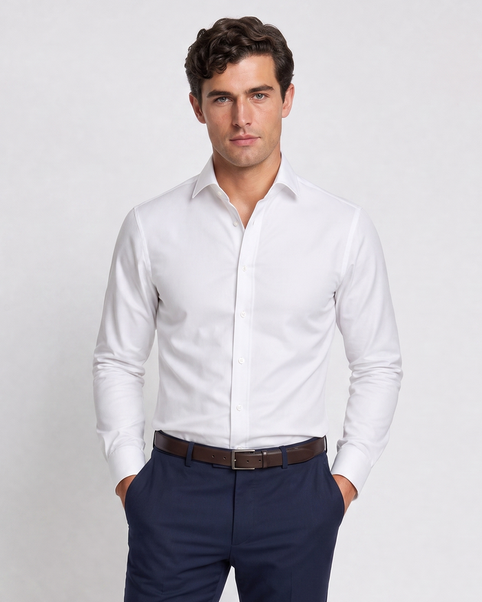 Christopher Morris Mens Solid White Extra Slim Fit Spread Collar Non Iron Cotton Dress Shirt - The Suit Depot