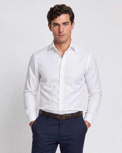 Christopher Morris Mens Solid White Extra Slim Fit Spread Collar Non Iron Cotton Dress Shirt - The Suit Depot
