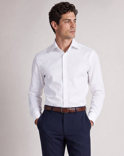 Christopher Morris Mens Solid White Slim Fit Spread Collar Non Iron Cotton Dress Shirt - The Suit Depot