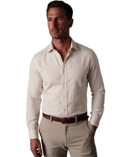 Christopher Morris Solid Cream Classic Fit Spread Collar Non-Iron Barrel Cuff Cotton Dress Shirt