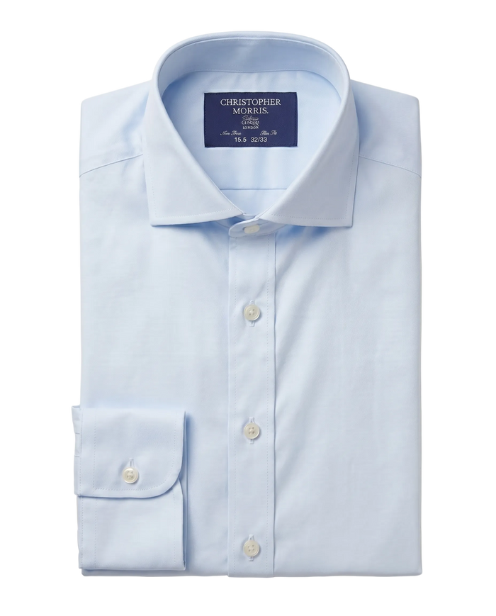 Christopher Morris Solid Powder Blue Slim Fit Spread Collar Non-Iron Barrel Cuff Cotton Dress Shirt
