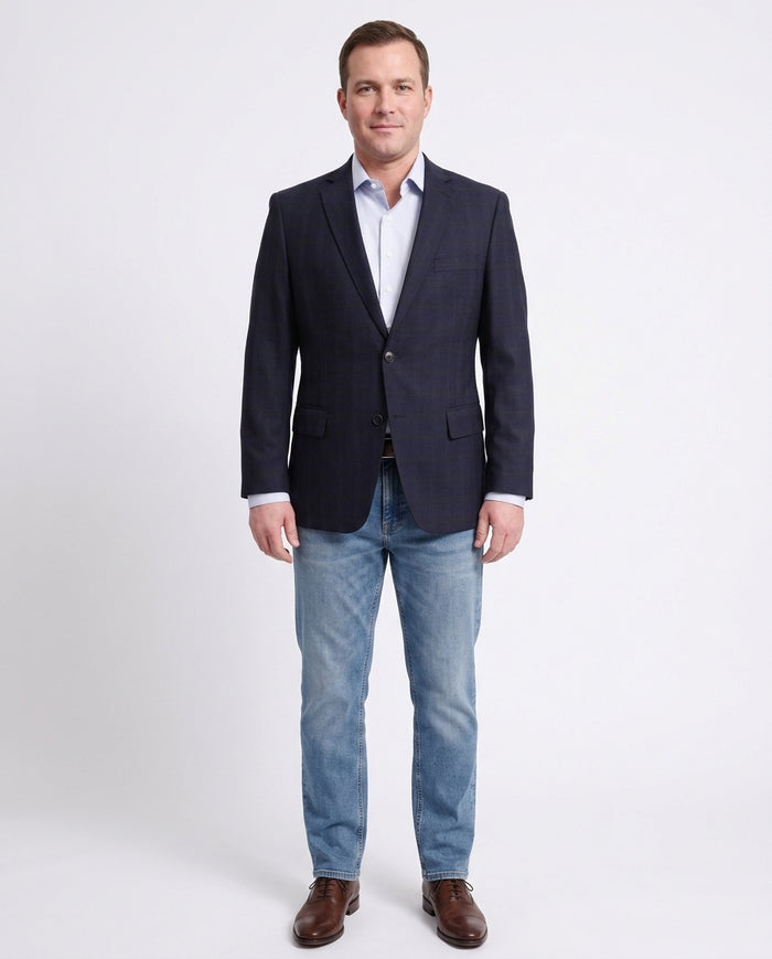 Classic Fit Blue With Brown Plaid Two Button Wool Blazer Sportcoat