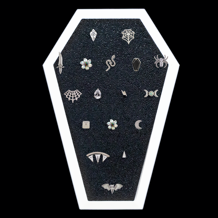 Coffin White Trim Display w/ Threadless Ends - Khrysos Jewelry