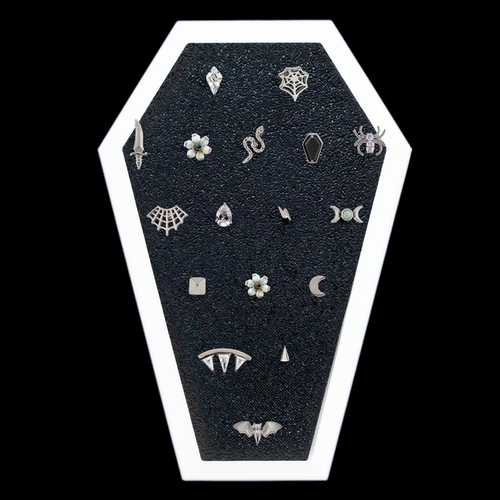 Coffin White Trim Display w/ Threadless Ends - Khrysos Jewelry