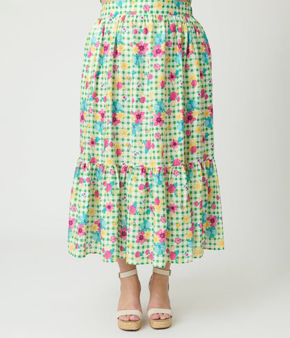 Disney Princess Collection by Unique Vintage Plus Size Green Gingham Tiered Midi Skirt