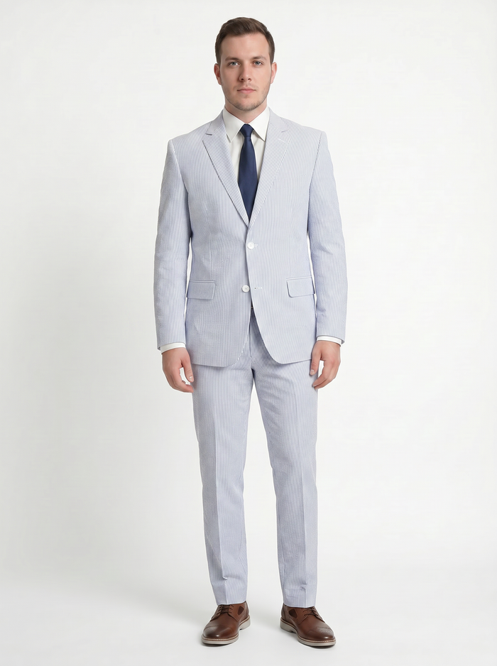 Emigre Classic Fit Blue Striped Two Button Cotton Seersucker Suit - The Suit Depot