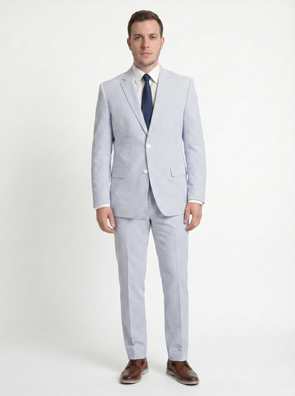 Emigre Classic Fit Blue Striped Two Button Cotton Seersucker Suit - The Suit Depot