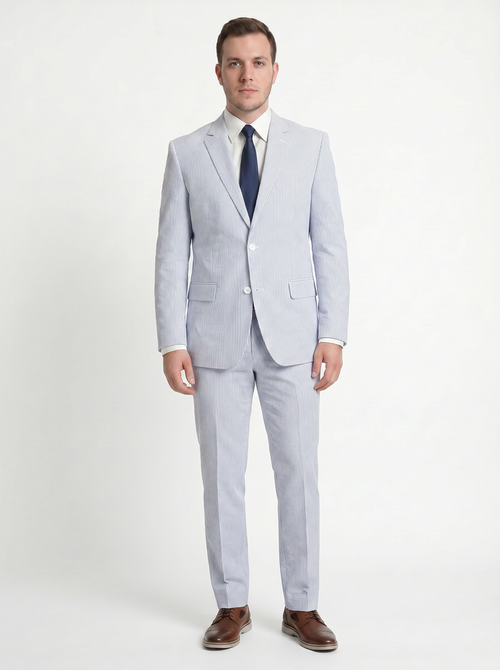 Emigre Classic Fit Blue Striped Two Button Cotton Seersucker Suit - The Suit Depot