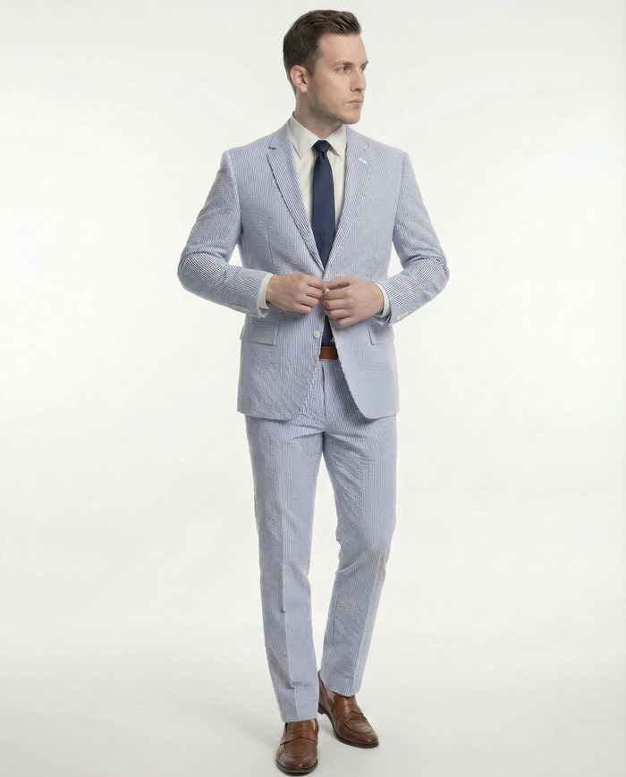 Emigre Classic Fit Blue Striped Two Button Cotton Seersucker Suit - The Suit Depot
