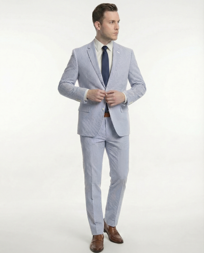 Emigre Classic Fit Blue Striped Two Button Cotton Seersucker Suit - The Suit Depot