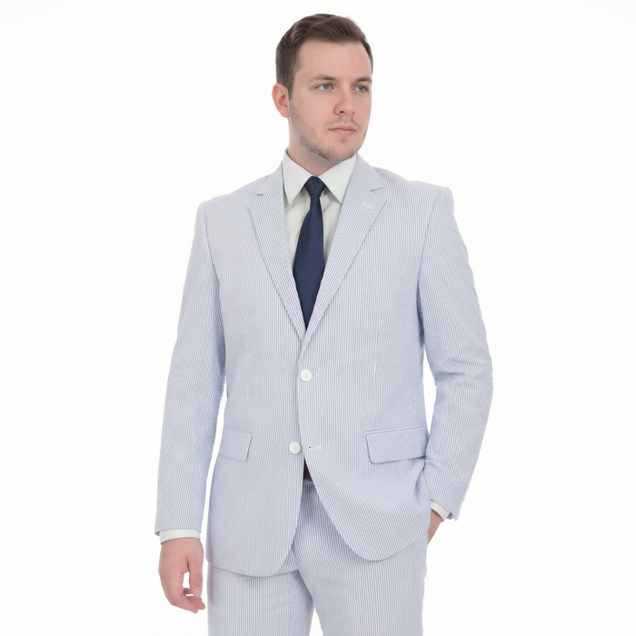 Emigre Classic Fit Blue Striped Two Button Cotton Seersucker Suit - The Suit Depot